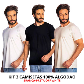 Kit 3 Camisas Básicas 100% Algodão Premium - Cores Neutras